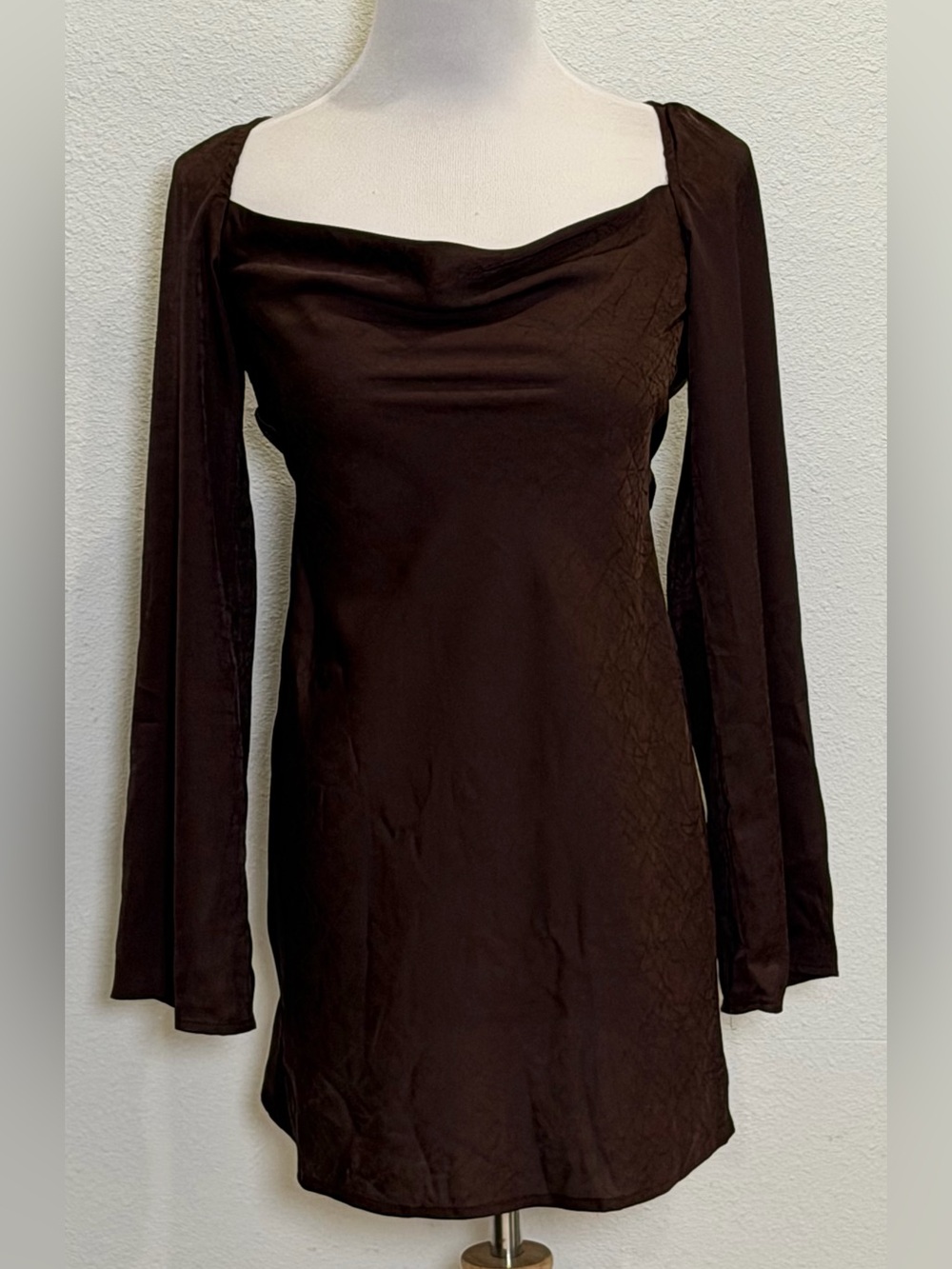 Beige Botany Satin Mini Dress Brown Small Flare Sleeve Dark Fairy Whimsigoth Y2K